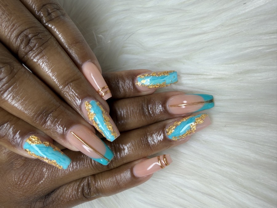 Nude and turquoise coffin Gel X extensions with gold foil marble nail art by TLC Nails and Esthetics in Nottingham, MD